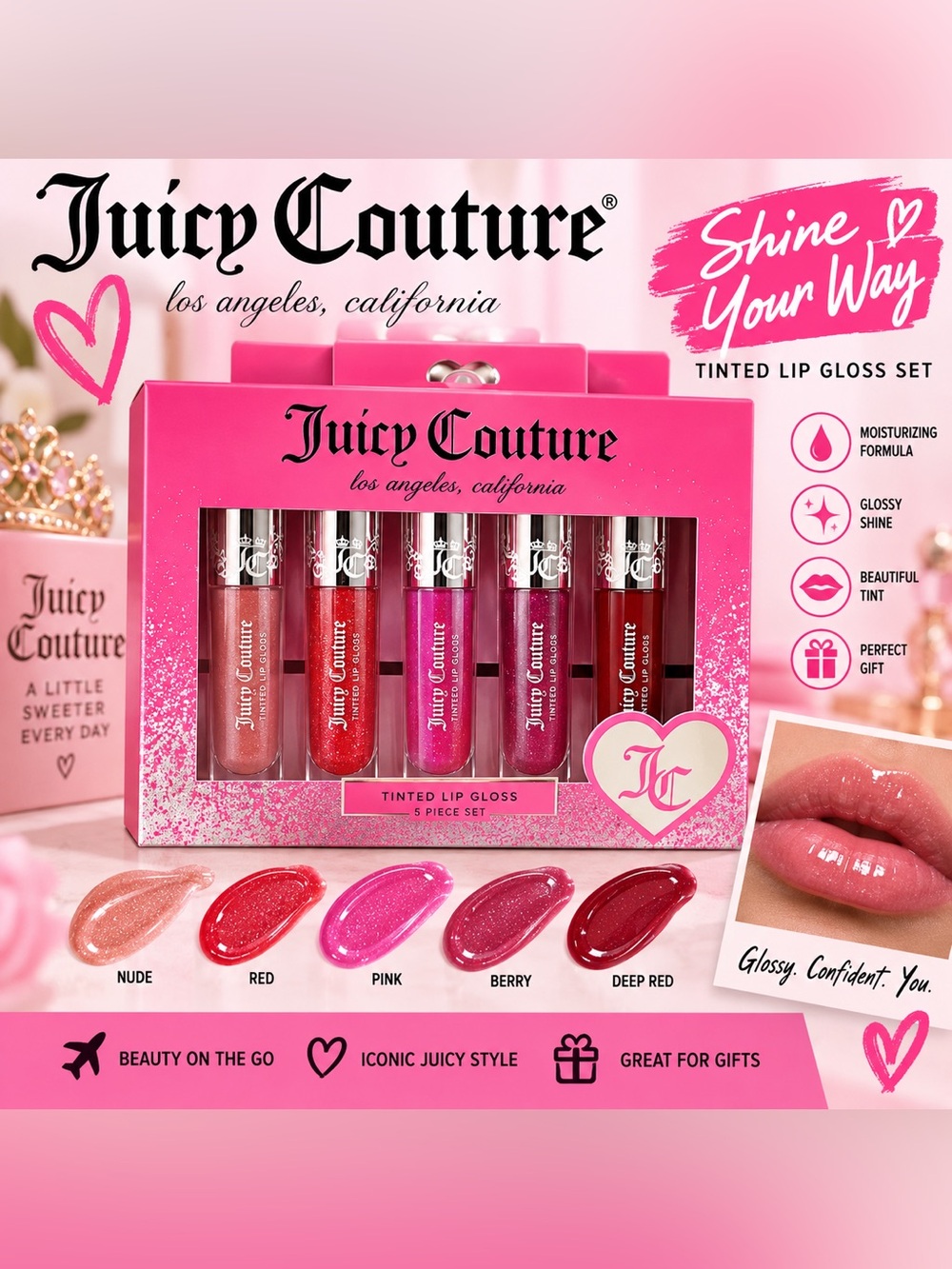 Juicy Couture Tinted Lip Gloss Set - Nude, Red, Pink, Berry, Deep Red